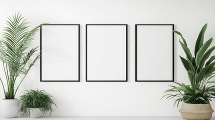 Mockup three frames, plants, white wall