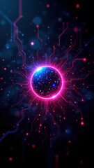 Cybersecurity concept featuring a central sphere with digital protection mechanisms surrounding it.