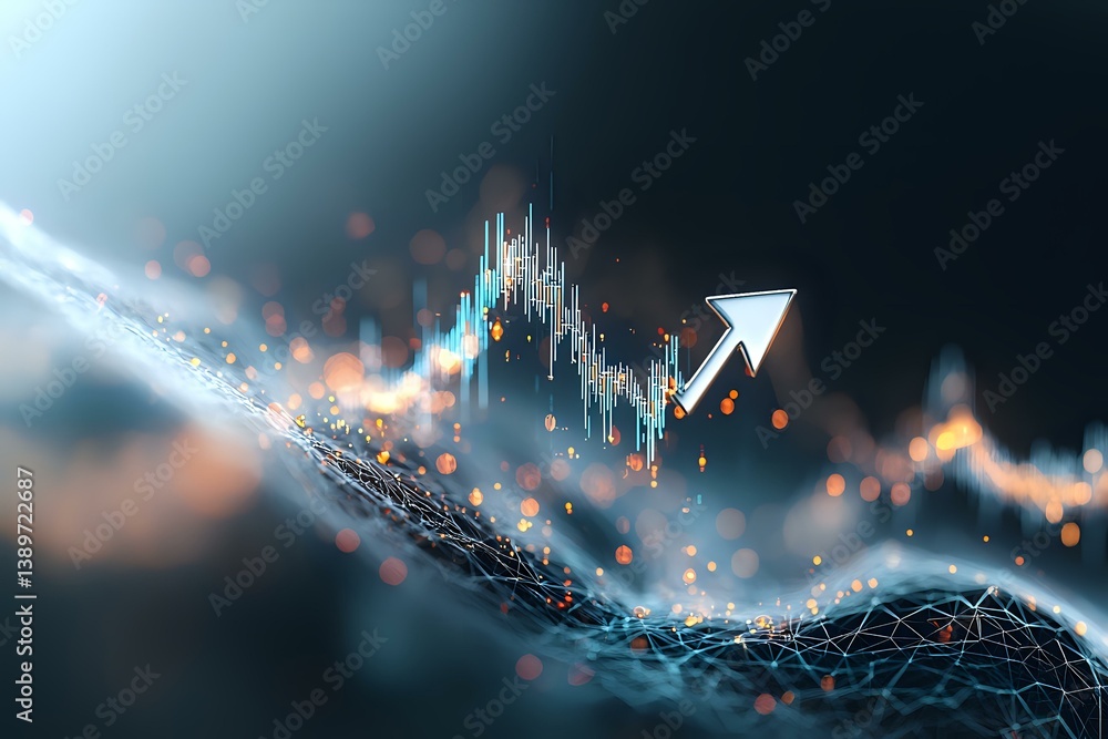 Poster financial market graph with glowing arrow pointing upward, surrounded by abstract bokeh lights and n