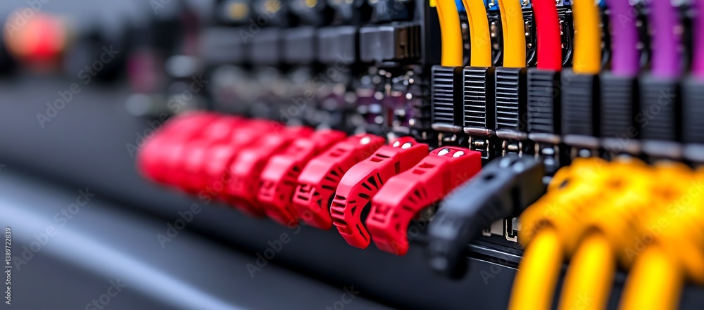 Poster close up view of colorful server data center cables