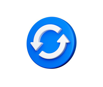 Blue circular button with a white refresh icon featuring two curved arrows, 3d illustration