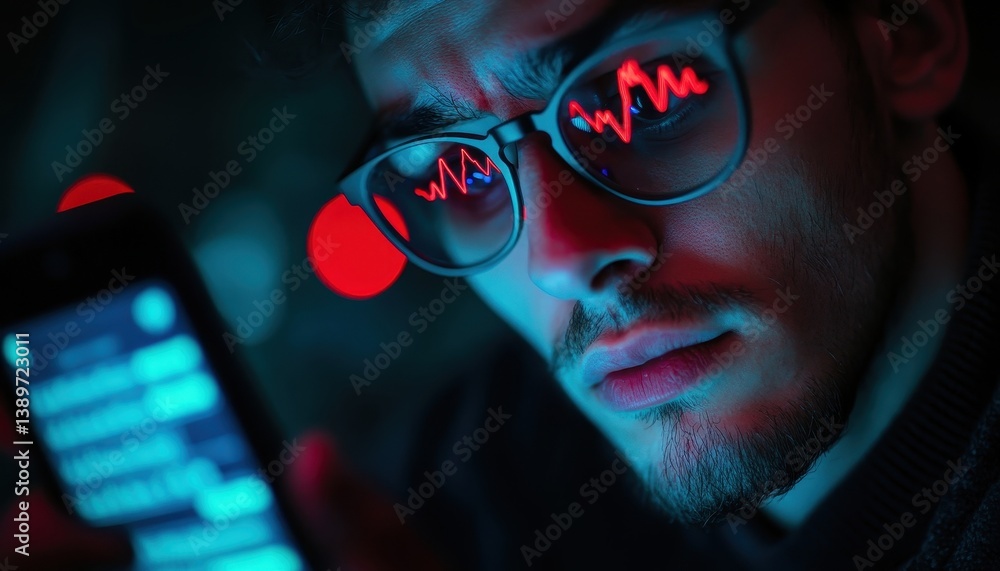 Aufkleber Man With Glasses Holding Smartphone Displaying Red Graphs and Blue Neon Light Reflections Showing Urban Modern Lifestyle at Night