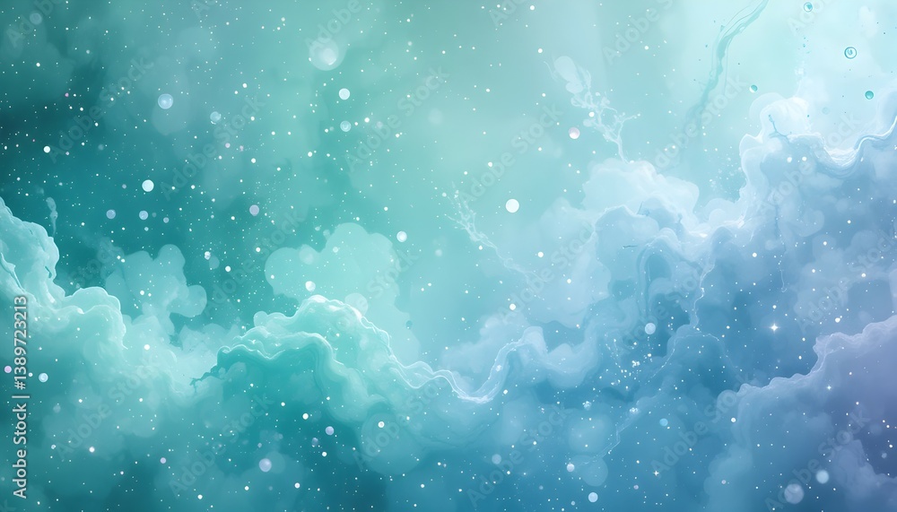 Poster abstract clouds and sparkling particle background in dreamy blue and teal