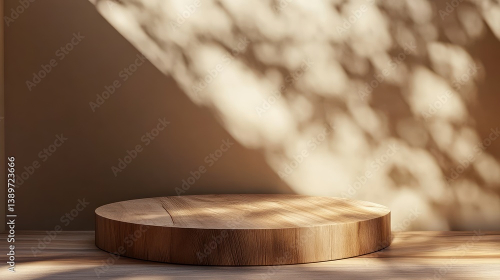 Poster elegant wooden display stand with natural light and shadow patterns backdrop