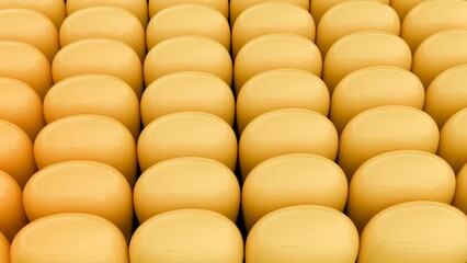 a 3d rendering of tightly packed arrangement of kernels of corn. The kernels are a uniform, pale yellow color. 