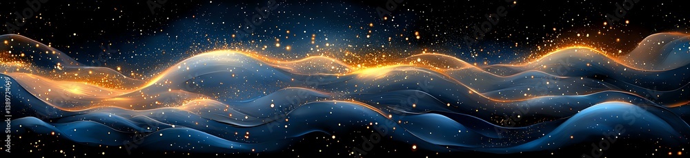 Poster cosmic waves of light and energy flow through starry space, creating luminous orange and blue stream