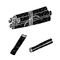Cinnamon sticks black silhouette. Hand-drawn bundle and pieces of cinnamon. Spice illustration for cooking, packaging, kitchen decor, and food design. Vector drawing in vintage engraved style.