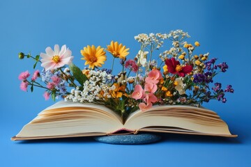 An open book displaying assorted colorful flowers against a blue backdrop