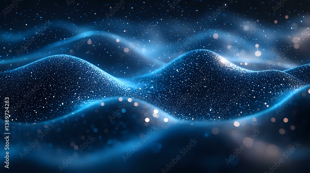 Poster abstract blue glowing waves with particles and bokeh effects on dark background, flowing dynamic cur