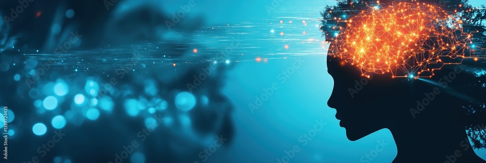 Aufkleber silhouette of a head with glowing neural network brain and digital connections on a teal and dark bl