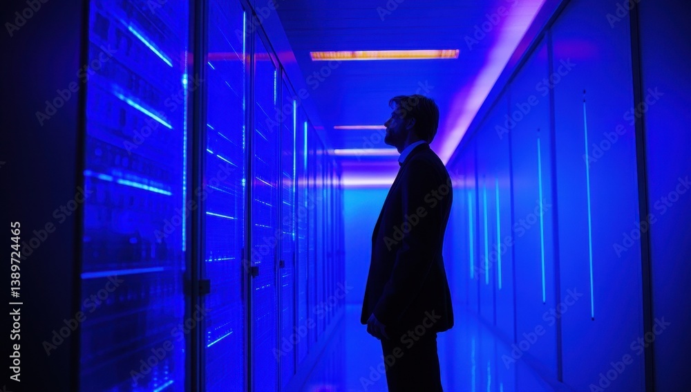 Poster silhouette of businessman in suit standing in blue lit server room inspecting data center hardware a