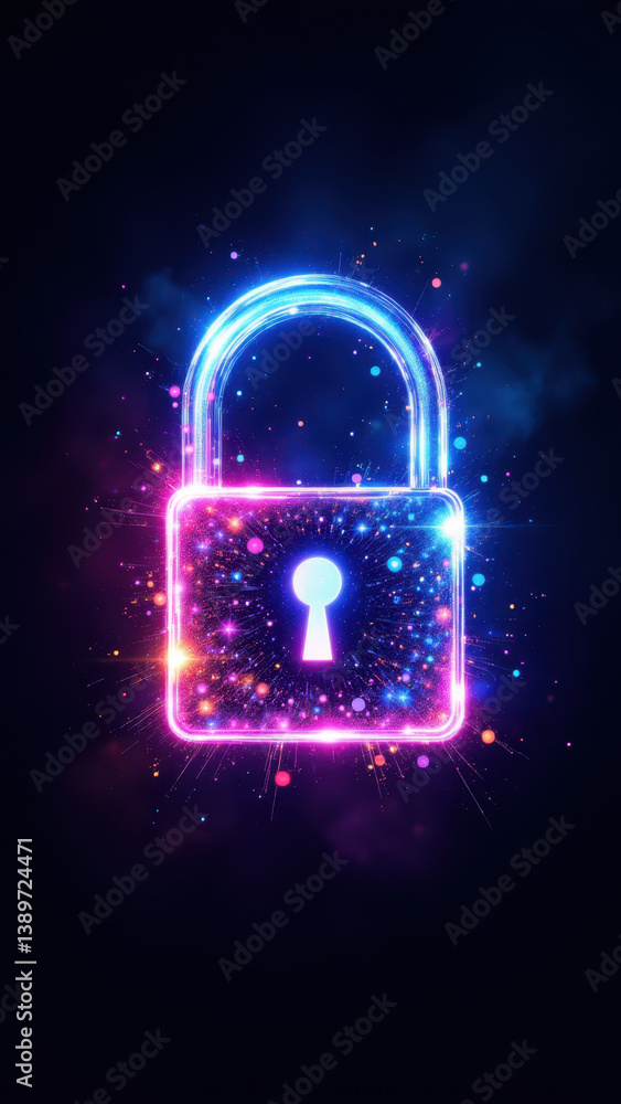 Poster an eye-catching graphic with a colorful digital lock symbolizing cybersecurity and internet safety.