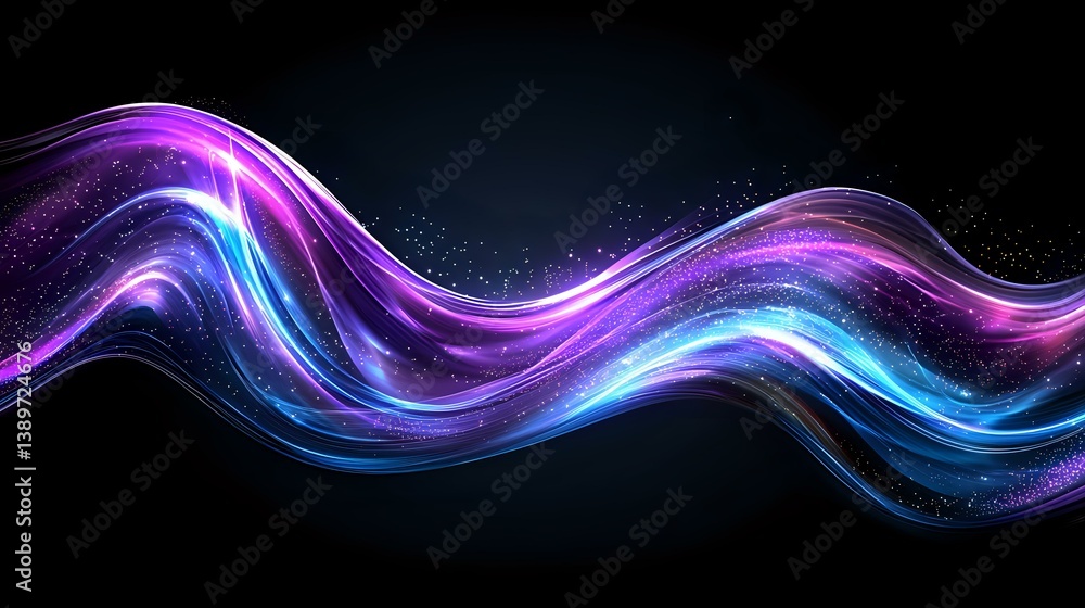 Poster glowing purple and blue wave lines with sparkles on black background create dynamic flowing motion e