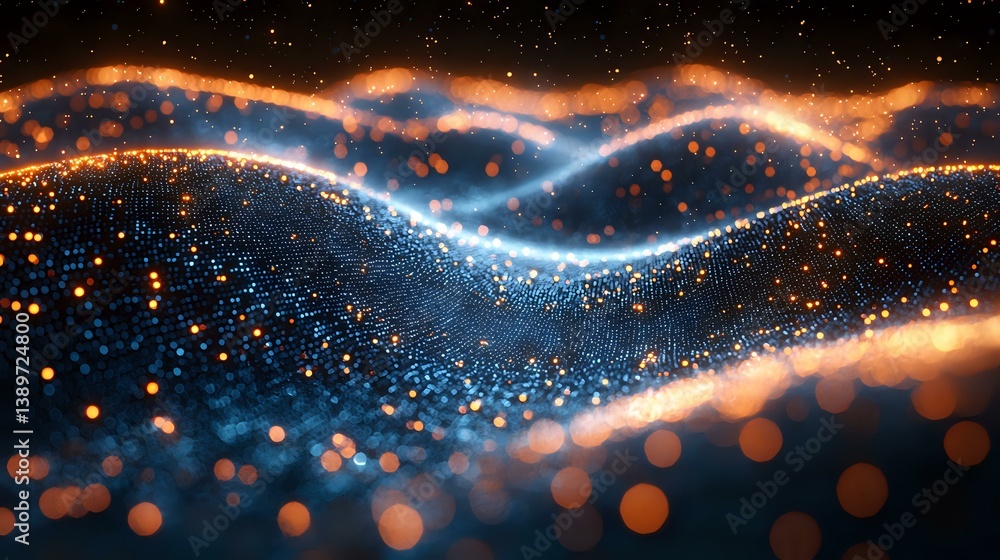 Poster glowing abstract waves with orange and blue light particles creating dynamic motion effect against d