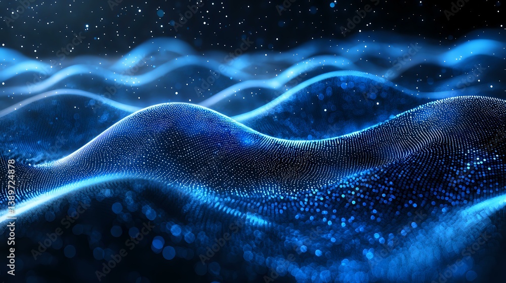 Poster glowing blue particle waves flow across dark background with shimmering dots creating dynamic motion