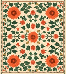 Floral pattern with symmetrical arrangement of orange flowers and green leaves on a cream background