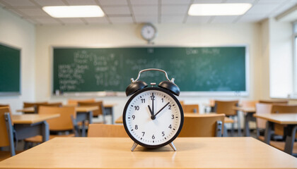 Schoolroom clock at 7 AM, marking the start of the day