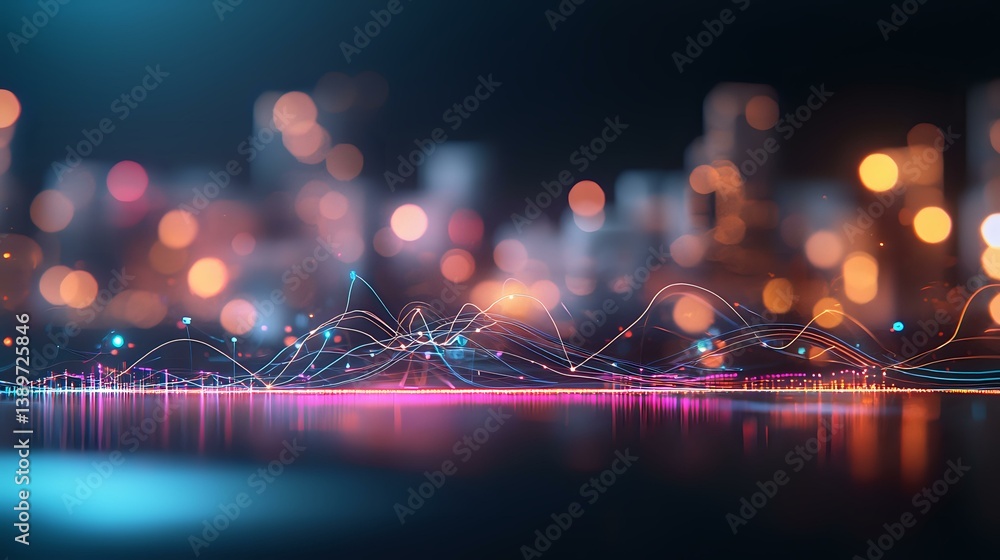 Poster abstract urban skyline reflected in water with glowing bokeh lights and neon waves creating futurist
