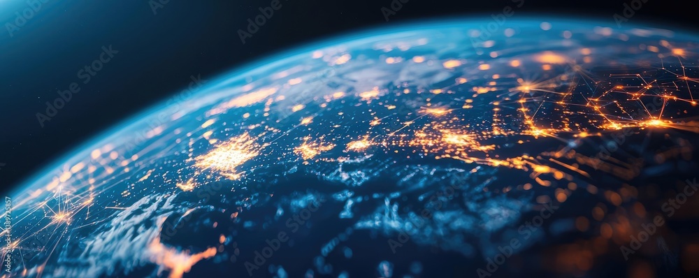 Poster earth with glowing network integrating wireless data grid concept. a stunning view of earth showcasi