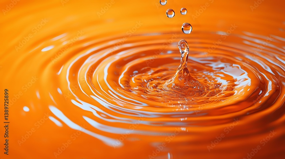 Poster clear water drop splash creating concentric ripple circles on orange surface with floating droplets,