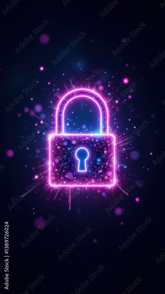 Poster a colorful digital lock graphic symbolizing cyber security and data protection.