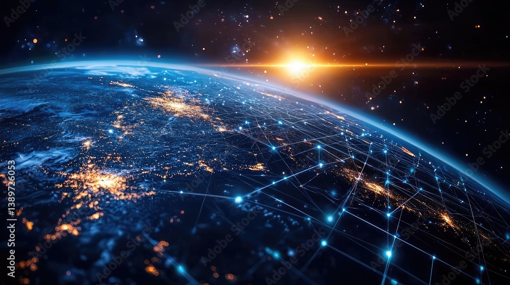 Poster earth with glowing network integrating wireless data grid concept. a stunning view of earth illumina