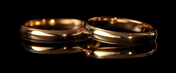 Two elegant gold wedding bands with subtle reflections lying side by side on dark reflective surface, symbolizing marriage, commitment and eternal love.