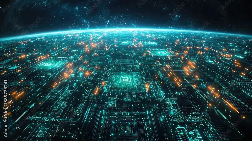 Poster earth with glowing network illustrating internet grid technology concept. futuristic digital landsca