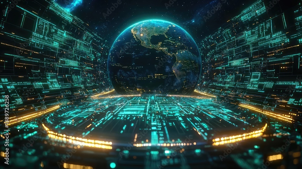 Aufkleber earth with glowing network illustrating internet grid technology concept. futuristic digital landsca