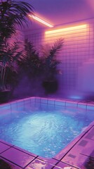 In a tranquil indoor space, a small spa pool glows with soft blue light. Lush green plants surround the area, creating a serene atmosphere perfect for relaxation after a long day