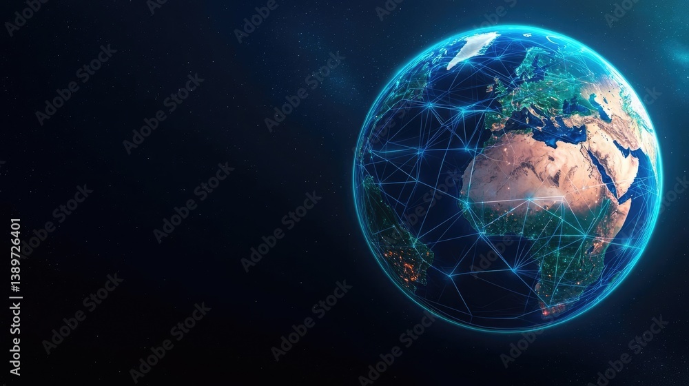 Poster earth with glowing network illustrating internet grid technology concept. global network illustratio