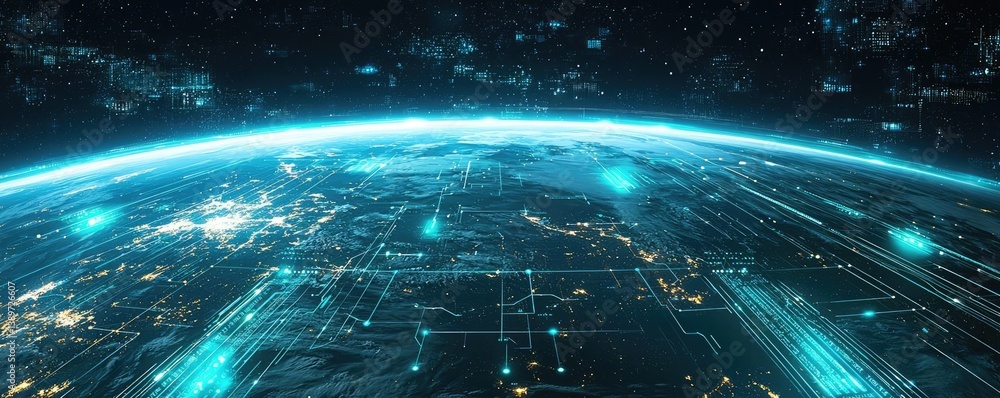Poster earth with glowing network integrating wireless data grid concept. futuristic view of earth with dig