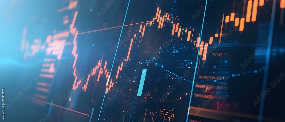 Poster financial market data visualization showing candlestick chart patterns and technical analysis indica