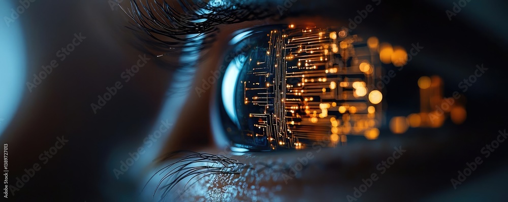 Aufkleber close-up human eye linked to artificial biotechnology interface concept. a close-up of an eye reflec