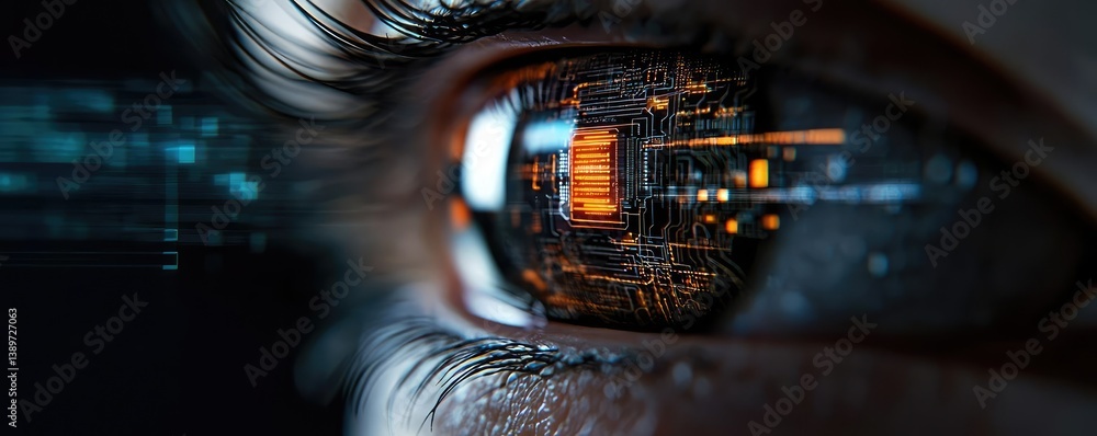 Poster close-up human eye linked to artificial biotechnology interface concept. close-up of an eye reflecti