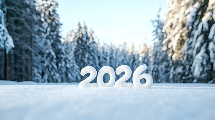 White numbers 2026 standing in snow against winter forest background with snow covered pine trees and sunlight creating magical seasonal atmosphere.
