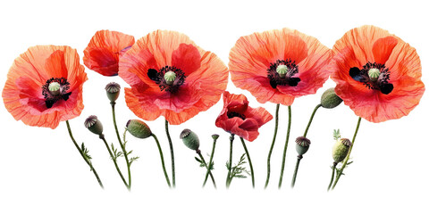Red Poppy Flowers on transparent background
