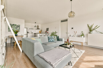 A contemporary living room featuring a cozy sofa, stylish decor, and open layout inviting comfort and relaxation. Bright and airy space with light wood flooring.