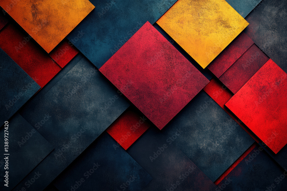 Poster abstract geometric layered background. geometric layers in shades of blue, red, and yellow create an