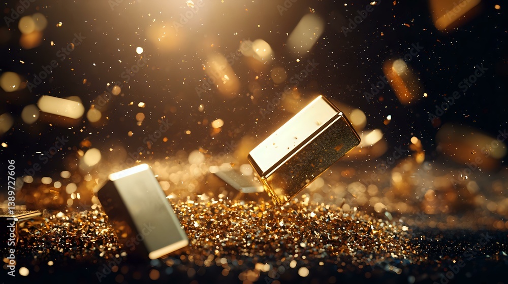 Poster falling gold bars on sparkling glitter surface with bokeh effect and dark background creates luxury 