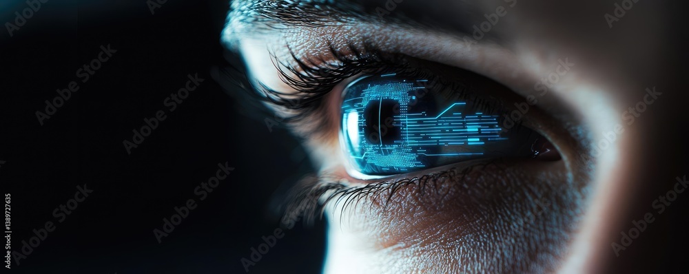 Poster close-up human eye linked to artificial biotechnology interface concept. close-up view of a futurist