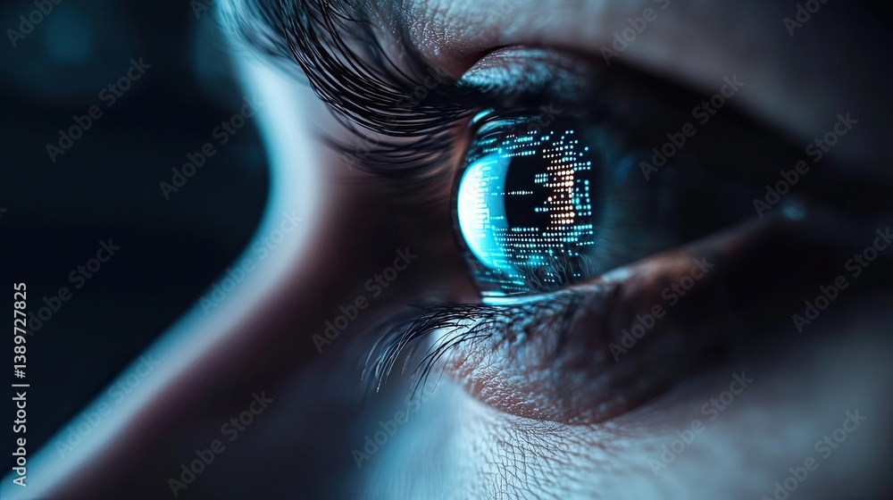 Poster close-up human eye linked to artificial biotechnology interface concept. close-up of a human eye ref