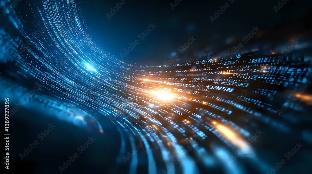 Poster digital binary code flow with glowing blue and orange light streams moving through curved technologi