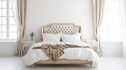 A luxurious stock image featuring an elegant bedroom interior with white and neutral tones. The image conveys a sense of serenity, sophistication, and the beauty of luxurious living,
