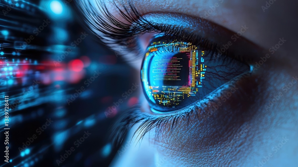 Poster close-up human eye displaying futuristic machine interface concept. close-up of an eye reflecting di