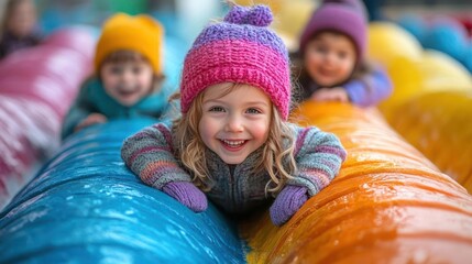 Children laughing, playing on colorful tubes