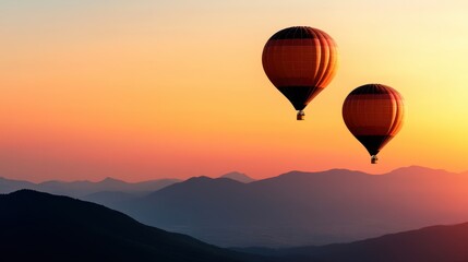 Fototapeta premium Air balloons majestically float over a picturesque landscape during sunset, casting a serene and magical ambiance.