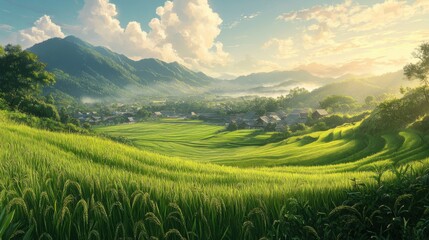 Obraz premium Rice fields summer. Generative AI