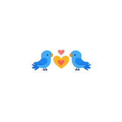 Two blue birds facing each other with a heart between them, symbolizing love and friendship, on a white isolated background.