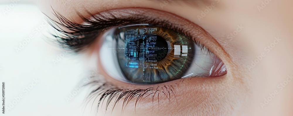 Poster close-up human eye displaying futuristic machine interface concept. close-up view of a human eye wit